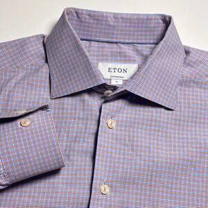 Eton Contemporary Fit Dress Shirt Mens XL 43/17 Blue Orange Micro‎ Check Formal